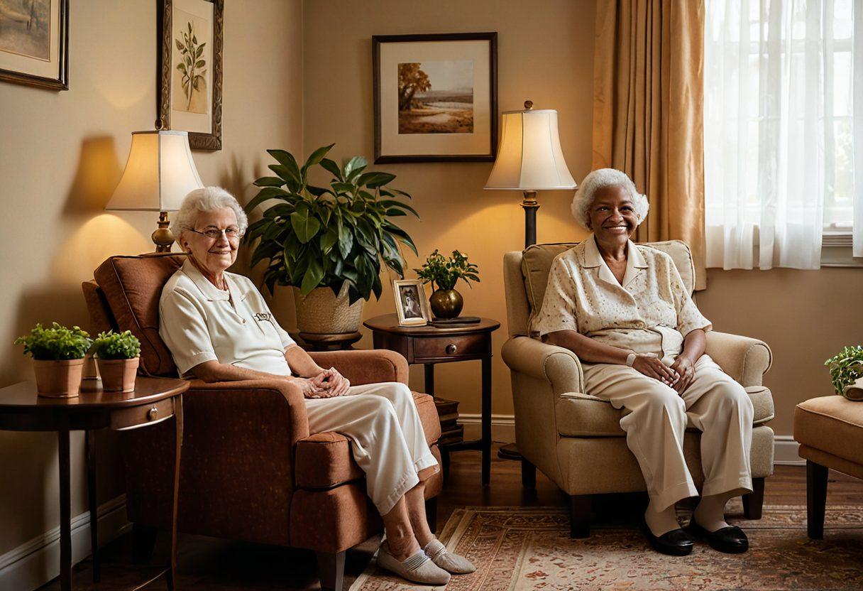 A serene home setting featuring an elderly person receiving care from a compassionate caregiver, surrounded by elements of comfort like soft lighting and cozy furniture. Showcase supportive services like medical equipment and companionship activities. Highlight the warmth and connection between the caregiver and senior, reflecting a sense of security and love. super-realistic. warm colors. inviting atmosphere.