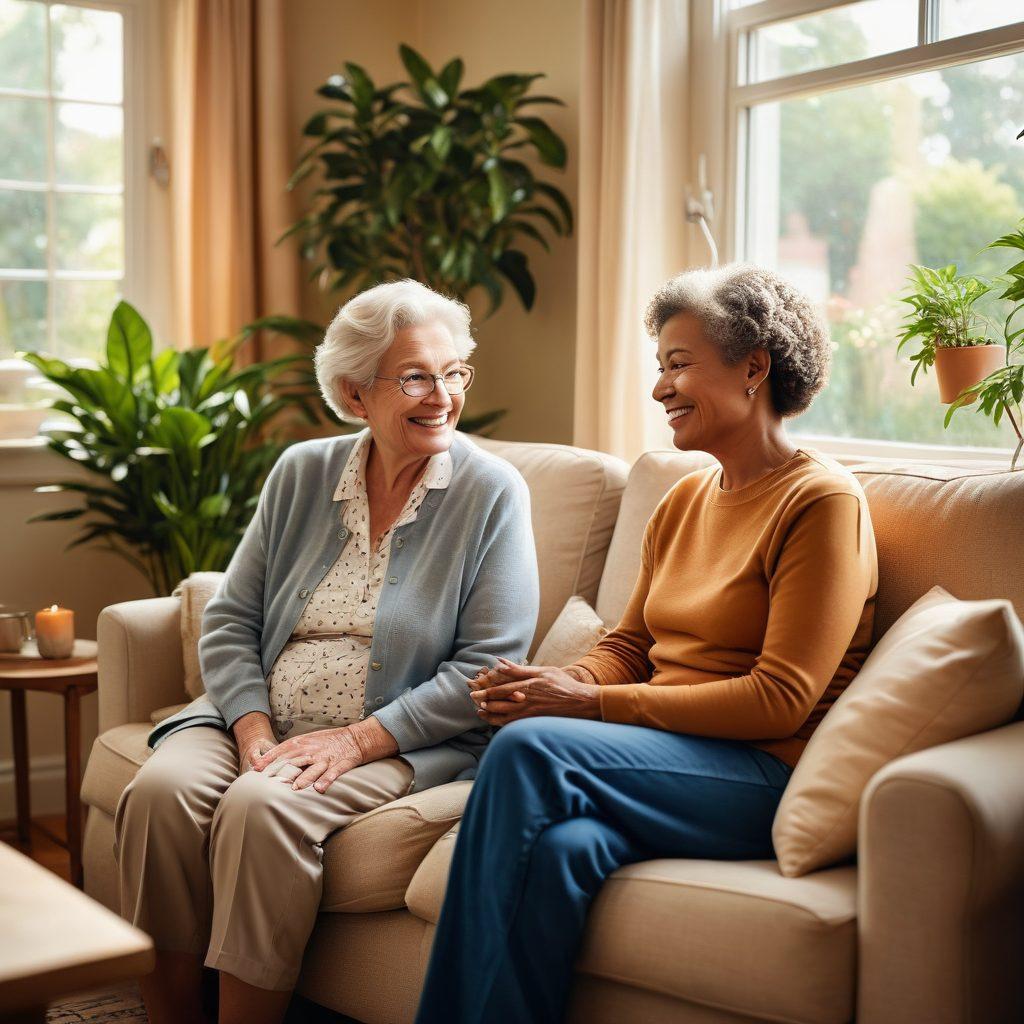 A compassionate caregiver assisting a senior in a warm, cozy home setting filled with natural light, showcasing medical equipment and homey decor. Include elements like a smiling face, a gentle touch, and warm colors to convey care and comfort. The background should have a comfortable sofa, potted plants, and a glimpse of a vibrant community outside. super-realistic. warm colors. soft focus.